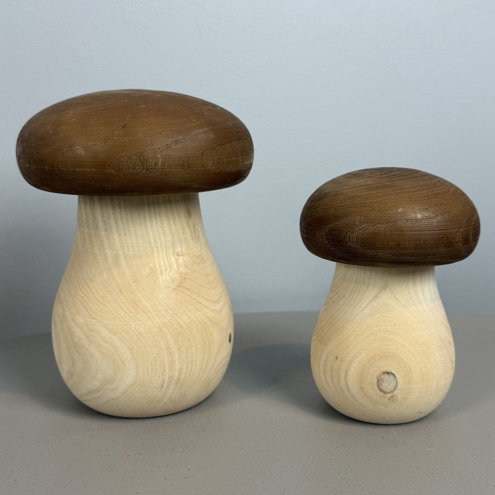 2 Mushroom Shape Wood Containers with Removable Mushroom Cap Lids Decor